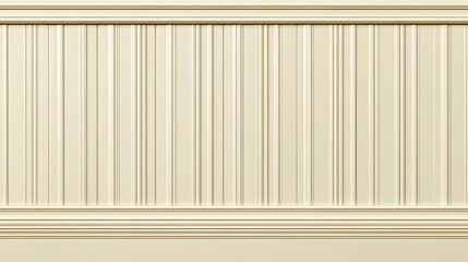 A seamless vector pattern of beige beadboard or wainscot with a top chair guard trim on a white wall. The design includes light wood or gypsum embossed baseboards beneath vintage wall panels