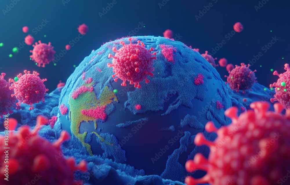 Poster 3d rendering of virus attacking earth.