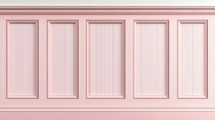 A seamless vector pattern of pink beadboard or wainscot with a top chair guard trim on a white wall. The design features light wood or gypsum embossed baseboards beneath vintage wall panels