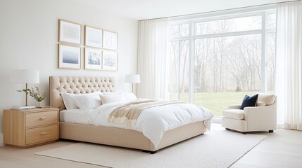 A spacious and inviting bedroom with a minimalist contemporary design that showcases natural light and a warm cozy atmosphere