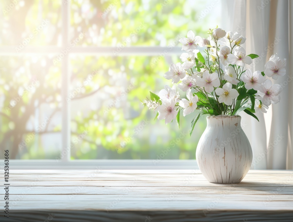 Aufkleber beautiful white flowers in a rustic vase on a wooden table with soft sunlight streaming through a wi
