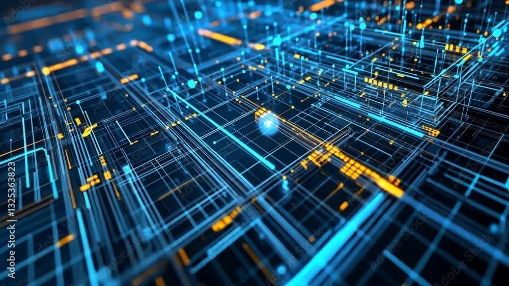 Poster futuristic neon grid network with dynamic blue and orange light patterns in motion