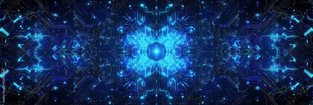 Poster Futuristic neural network patterns in deep blue with a central node cluster against a techy background