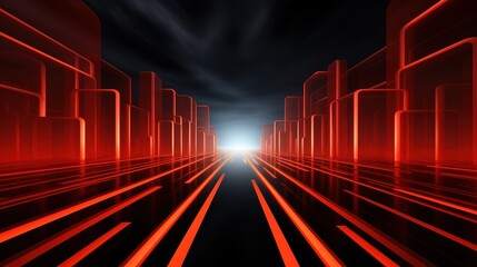 Fototapeta premium Red and Orange Linear Lines Moving into the Sky with Light Black and Red, Art Deco Futuristic Style. Op Art and Linear Perspective in Ultra High Definition.