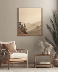 Calm mountain landscape wall art in minimalist room.
