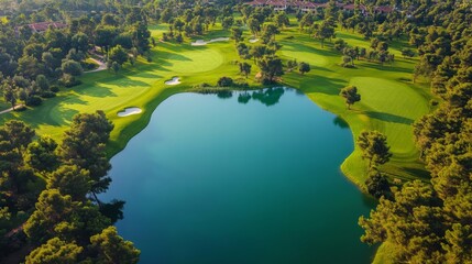 Scenic golf course landscape with lush greenery and tranquil lake view