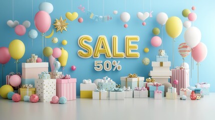 Vibrant and captivating 3D sale poster featuring a festive display of colorful balloons gifts and other an inviting atmosphere for a special sale or promotion event
