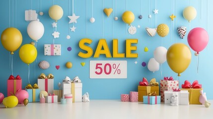 A captivating 3D display showcasing a vibrant and festive 50 sale an array of colorful balloons gift boxes and other celebratory decor elements