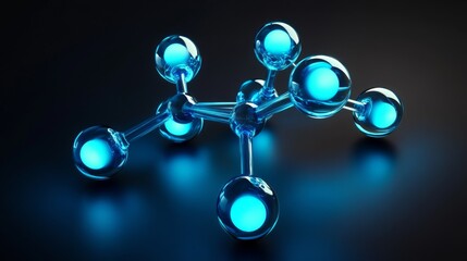 Molecular structure with glowing blue spheres on black background for scientific concept images