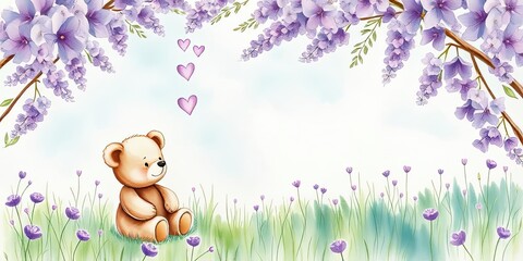 Obraz premium Cute Teddy Bear in Lavender Field Spring Flowers Hearts