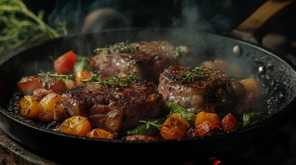 Grilled steak with roasted vegetables in cast iron skillet for rustic culinary experience