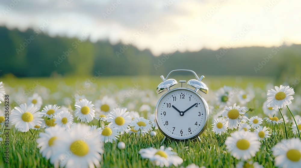 Poster a serene idyllic field of daisies and lush grass with a vintage alarm clock adding a nostalgic touch