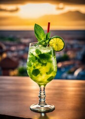 The photo showcases a realistic mojito in a wine glass, capturing an elegant and classy image with Italy in the background.