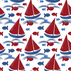 Marine pattern with a boat on the waves and fish. Vector illustration