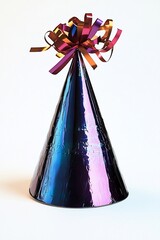 A shiny party hat with metallic streamers