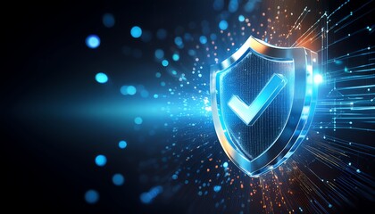 A glowing shield with a check mark symbolizes digital security and protection in a vibrant, futuristic style.