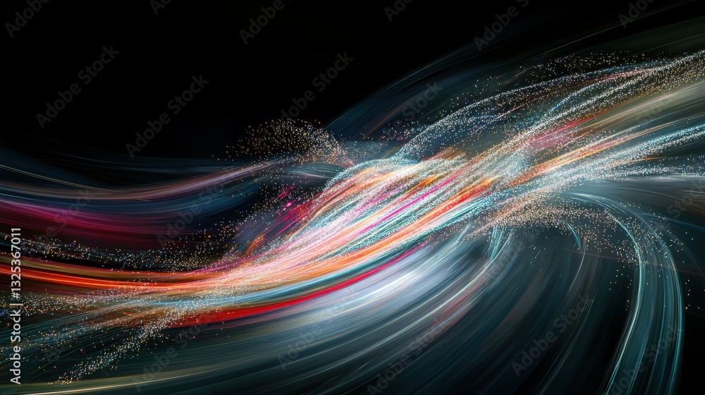 Poster abstract glowing particle trails on dark background for dynamic designs