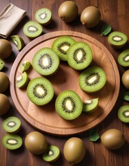 kiwi fruit on a rustic wooden plate