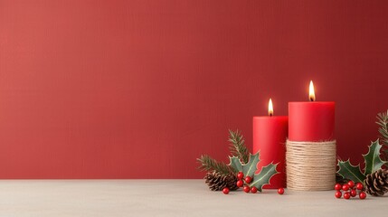 A warm and inviting Christmas scene featuring a simple arrangement of red candles pine branches and seasonal berries on a neutral background