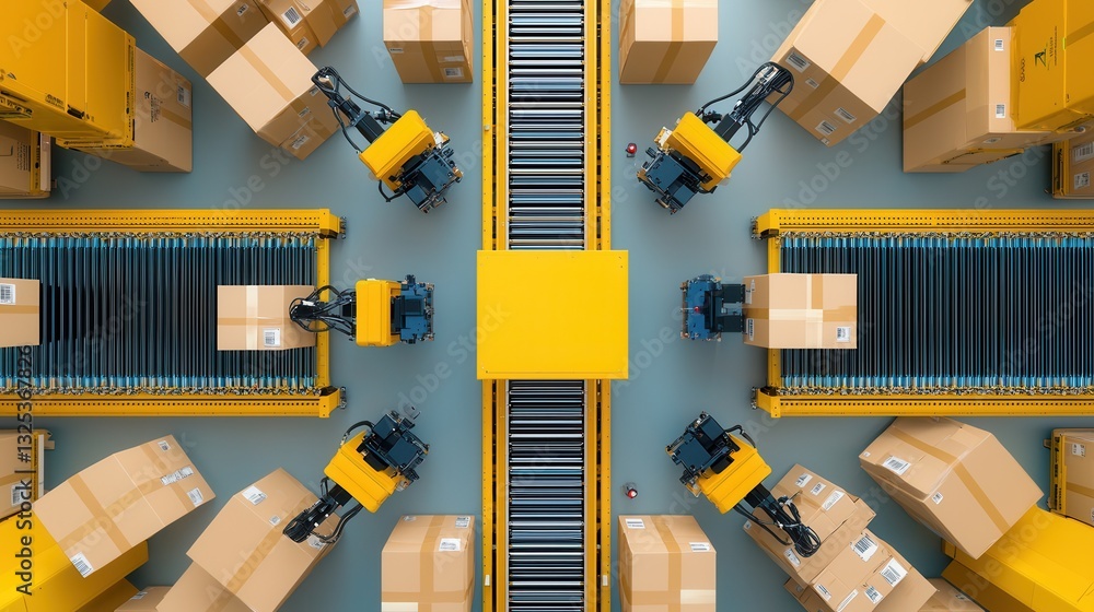 Poster a highly efficient and technologically advanced warehouse utilizing synchronized robotic systems to 