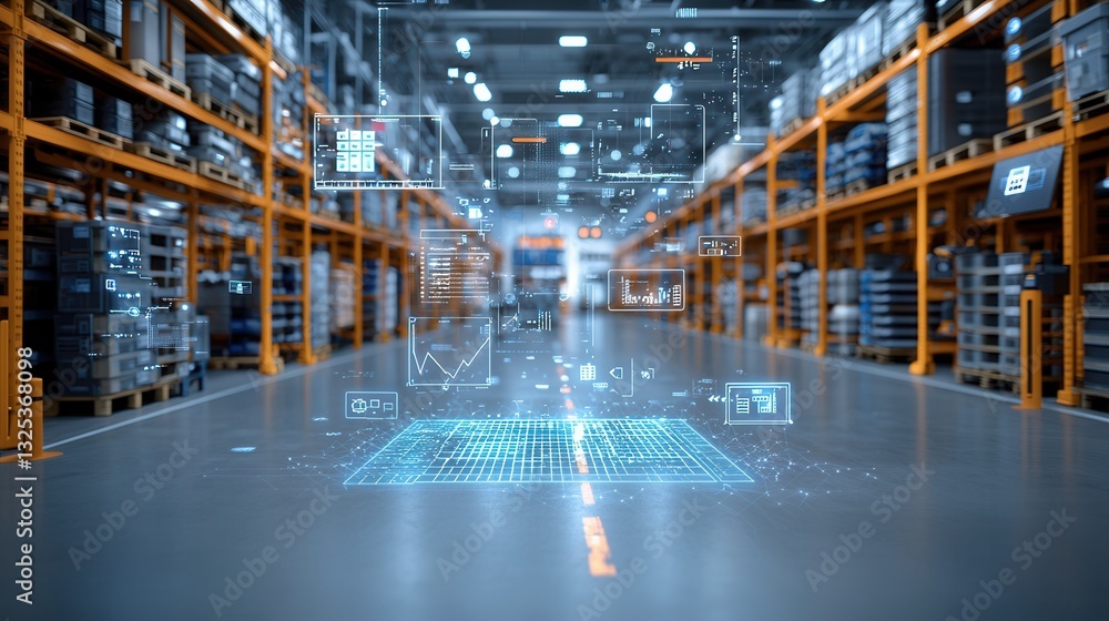 Poster a futuristic warehouse featuring a digital twin system to optimize inventory management logistics an
