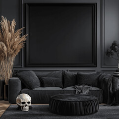 gothic black room with a skull decoration
