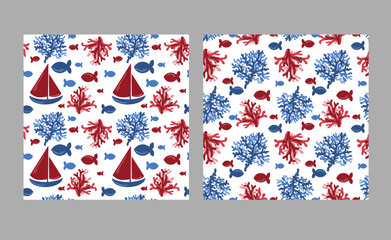 A set of minimalist marine patterns with ships and corals. Vector illustration