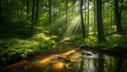 Fototapeta premium Sunlight streams through forest creek