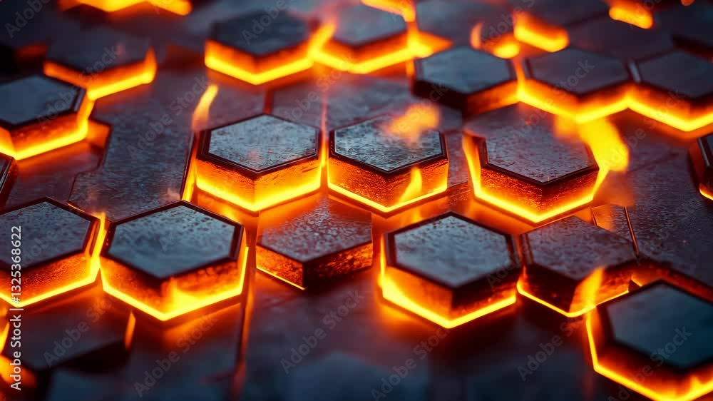Poster glowing lava hexagons pulsating in a futuristic abstract digital landscape