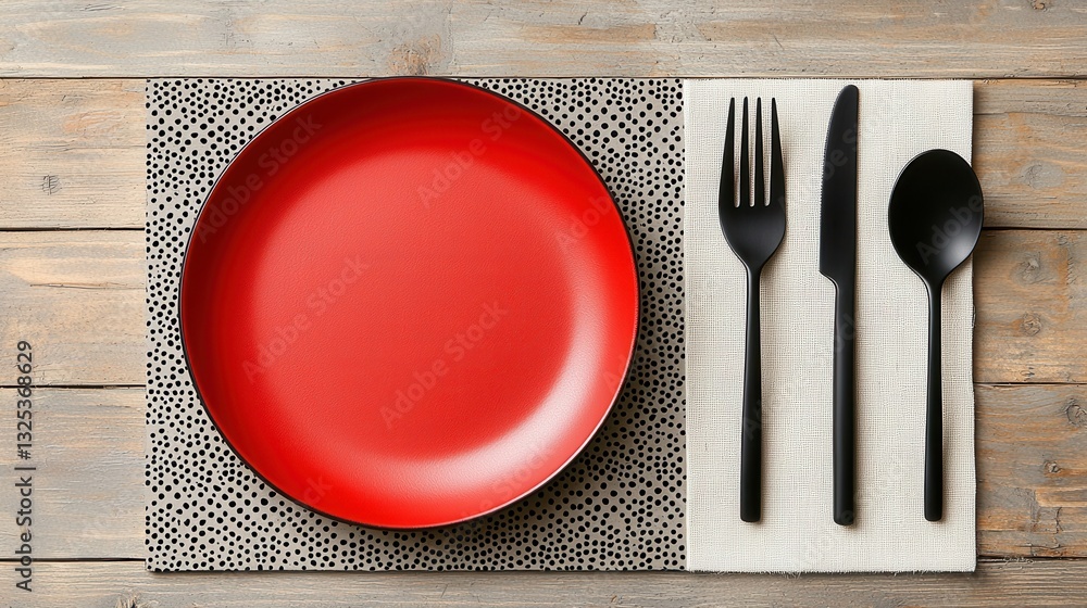 Poster a bright red plate is placed slightly off center on a patterned background accompanied by a fork kni