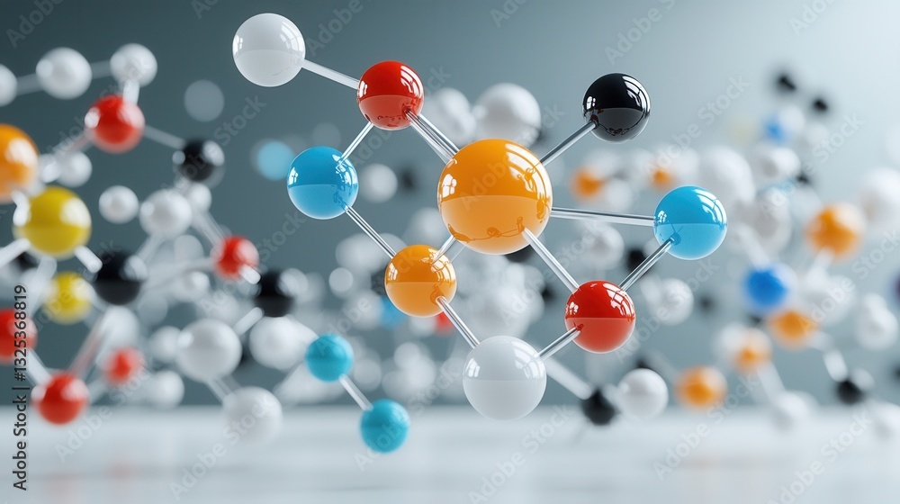 Poster a detailed and 3d rendered molecular model depicting the complex connections and structures of atoms