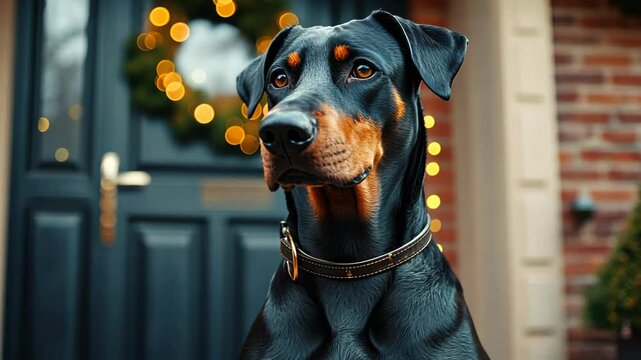 Charming doberman poses mor andy holiday doorway with festive lights