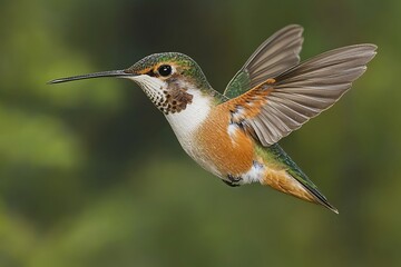 Fototapeta premium A beautiful hummingbird exhibits vibrant colors while in mid air