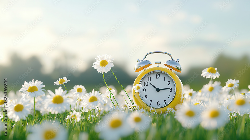 Poster a serene and tranquil scene featuring a field of delicate daisies in bloom with a classic analog ala