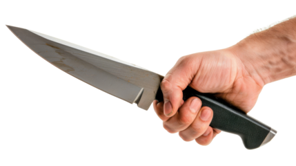 Hand firmly gripping hunting knife with transparent background