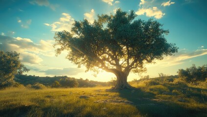 Obraz premium Sunlit Olive Tree in Meadow at Sunset