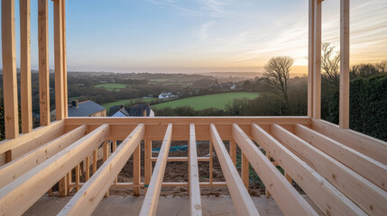 traditional wooden house frame in rural setting with stunning view of rolling hills and sunset
