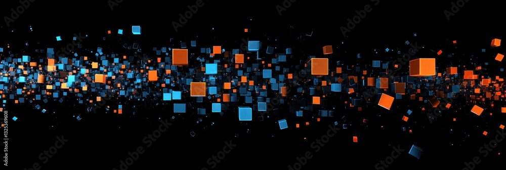Poster abstract glowing cubes floating in dark space.