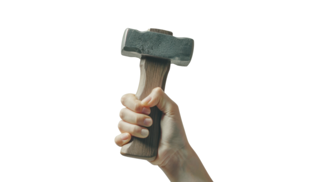 Hand holding hammer with transparent background: construction and diy concept