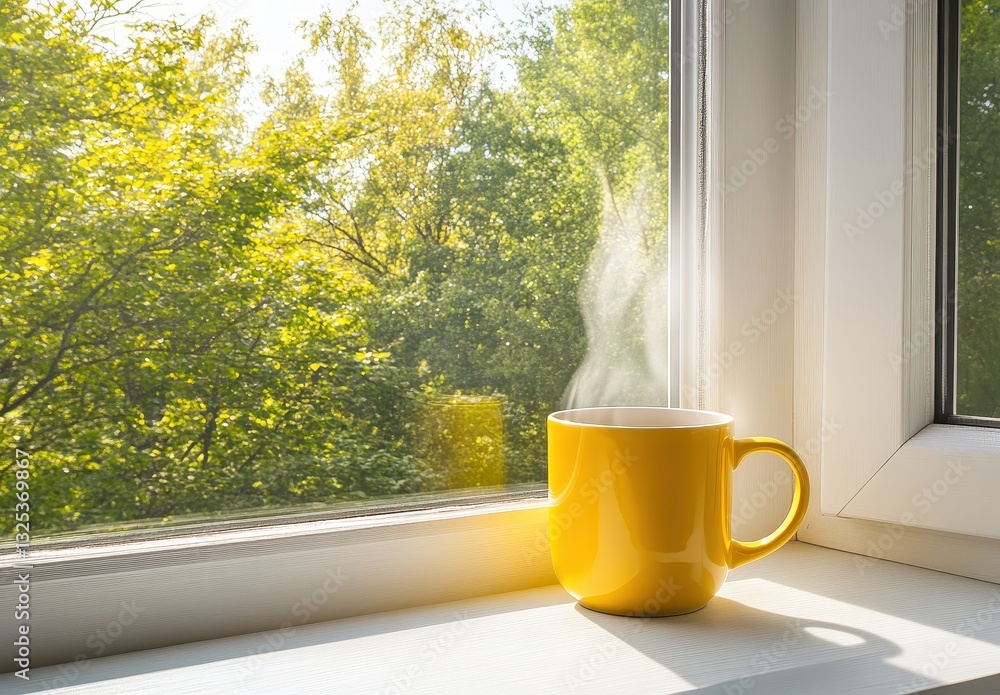 Poster bright yellow mug of steaming coffee or tea on sunny windowsill with lush green trees in the backgro