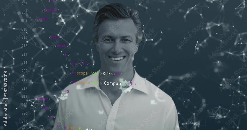 Poster in school, man creating animation with computer code and network connections