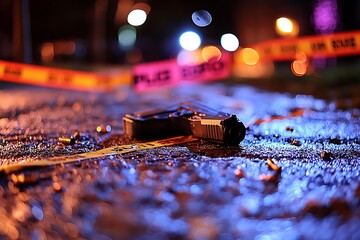 A handgun rests beside police tape on wet pavement at night