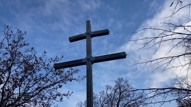 Double Orthodox cross. Sky in the background. Religion. Faith.
