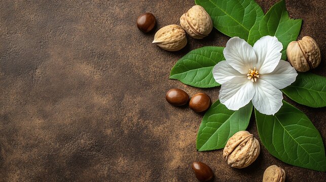 Elegant White Flower Surrounded by Green Leaves and Brown Stones in Natural Setting