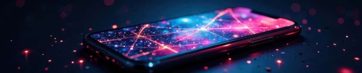 Cracked smartphone screen, grid overlay, dark background, minimal, pattern