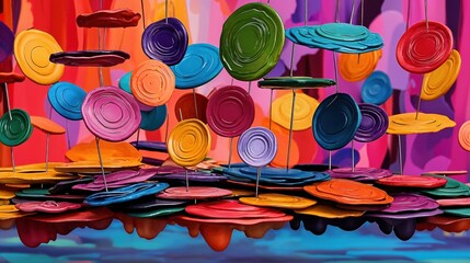 Brightly colored round shapes dangle in a playful arrangement, illuminated by a colorful background that enhances the cheerful and creative vibe of the setting.