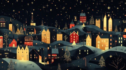 A whimsical illuminated town under a shimmering starry night sky