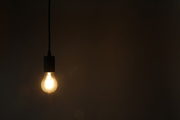 Glowing light bulb hanging on dark background. Space for text