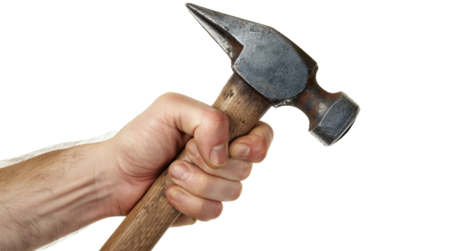 Construction worker holding hammer with transparent background