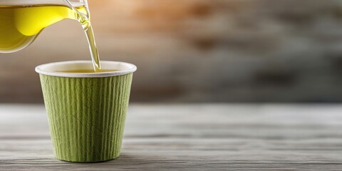 Economic Benefits Sustainability Concepts. Pouring liquid into a green cup on a wooden surface.